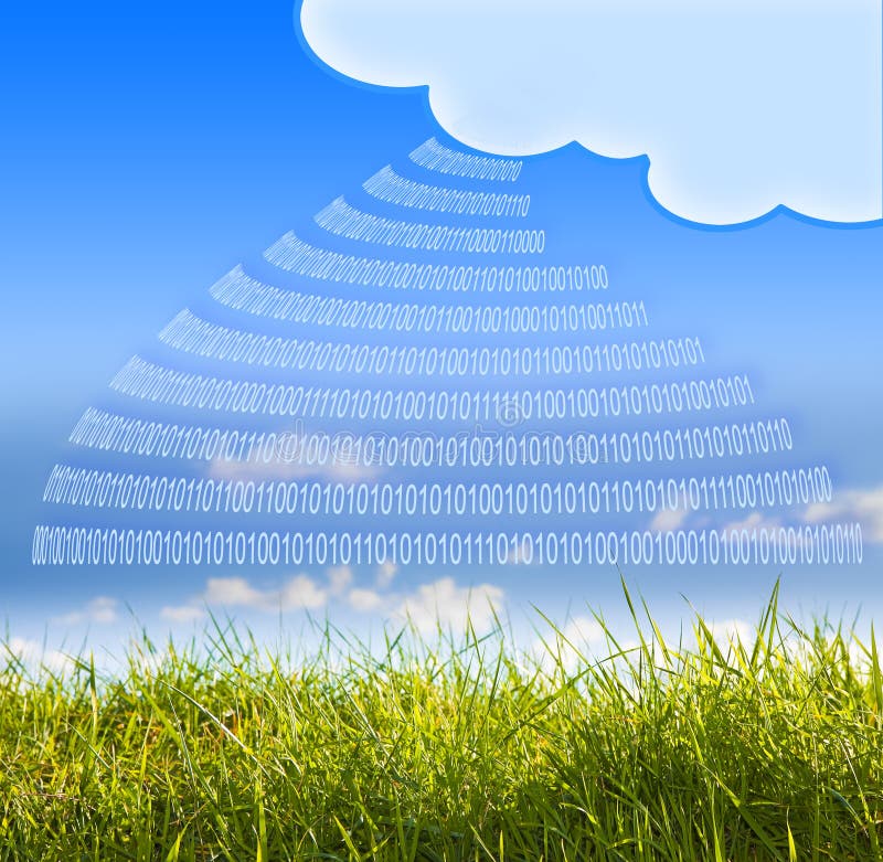 Secure storage on service cloud - concept image with binary code and cloud over a green wild grass background royalty free stock photo