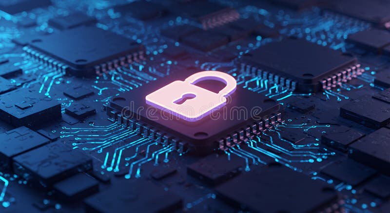 Secure Technology: A Glowing Lock on Circuit Board for Data Protection royalty free stock image