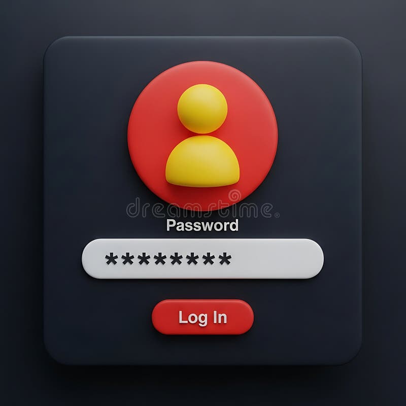 Digital login interface featuring a user icon password field and prominent 'Log In' button representing secure account access and user authentication for online platforms. Online account log illustrations