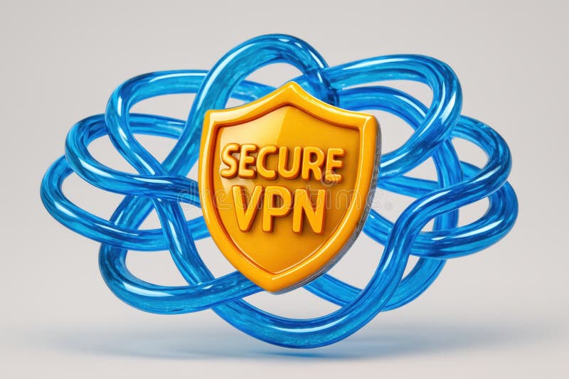 Secure VPN shield protecting digital data flow through a blue intertwined network vector illustration