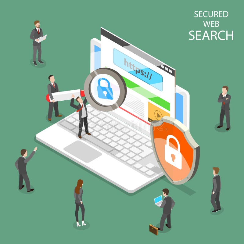 Secure web search flat isometric vector. People are searching information through internet using secure protocol HTTPS.