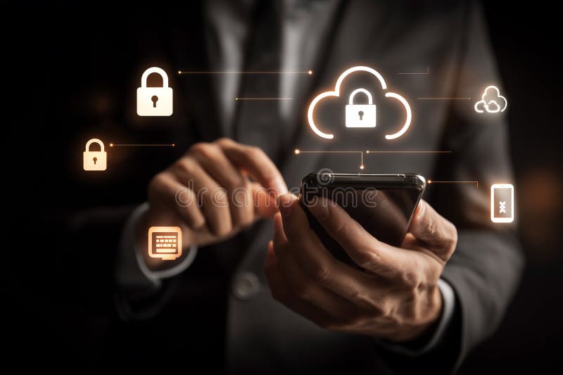 Secured Cloud Access: Man in suit uses phone with cloud and lock icons emphasizing data privacy and secure mobile connectivity vector illustration