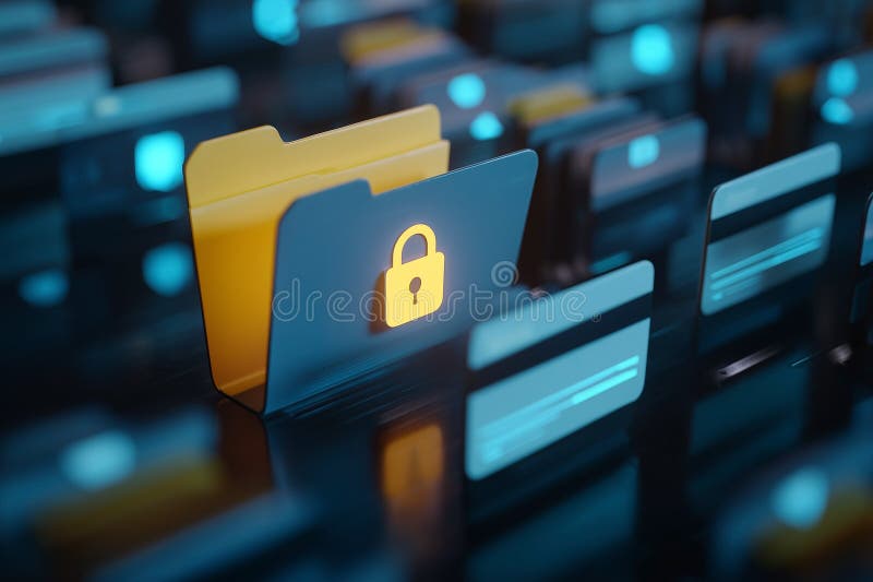 Secured digital information represented with locked folder icons, ensuring data privacy and protection in a technological setting stock illustration