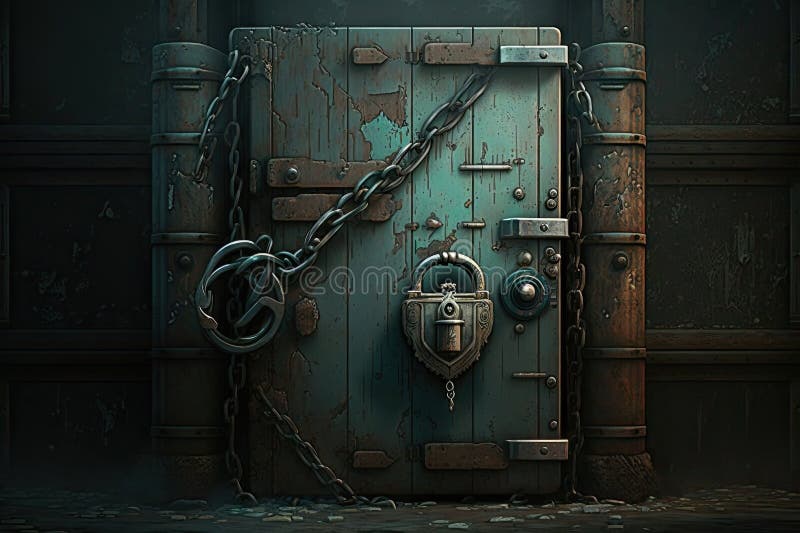 A secured and locked hinged door, with a chain and padlock for added security vector illustration