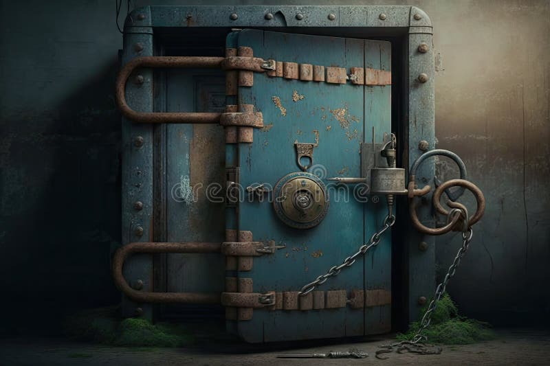 A secured and locked hinged door, with a chain and padlock for added security stock illustration