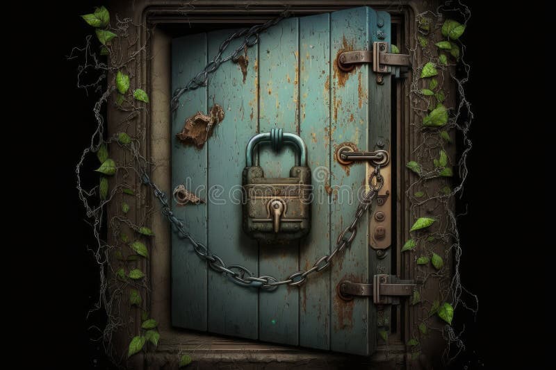 A secured and locked hinged door, with a chain and padlock for added security vector illustration