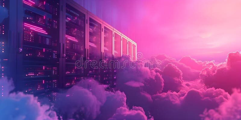 Secured and Reliable Cloud-Based Computing Services: Server Rack Illuminated in Pink Light with royalty free illustration