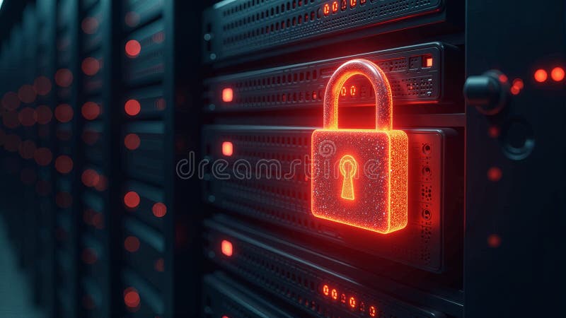 Secured Server Rack with Glowing Padlock vector illustration