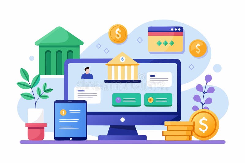 Securely log into your online bank account using a computer and tablet while managing finances with ease. Online account log vectors