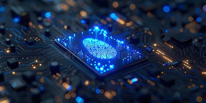 Securing Data with a Blue Microchip and Fingerprint Symbol: Cybersecurity and Internet Protection stock illustration