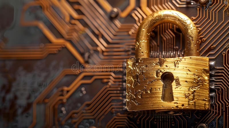 Securing Data: Golden Lock on Circuitry. Concept Data Security, Encryption Technology, Cyber vector illustration