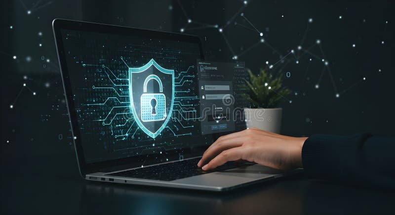 Securing Data: Hand on Keyboard with Digital Shield royalty free illustration