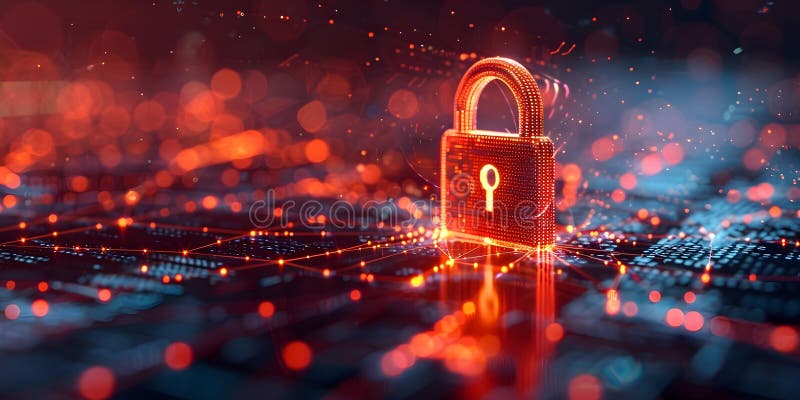 Securing Data Networks with a Digital Padlock. Concept Data Security, Network Protection, Digital stock illustration