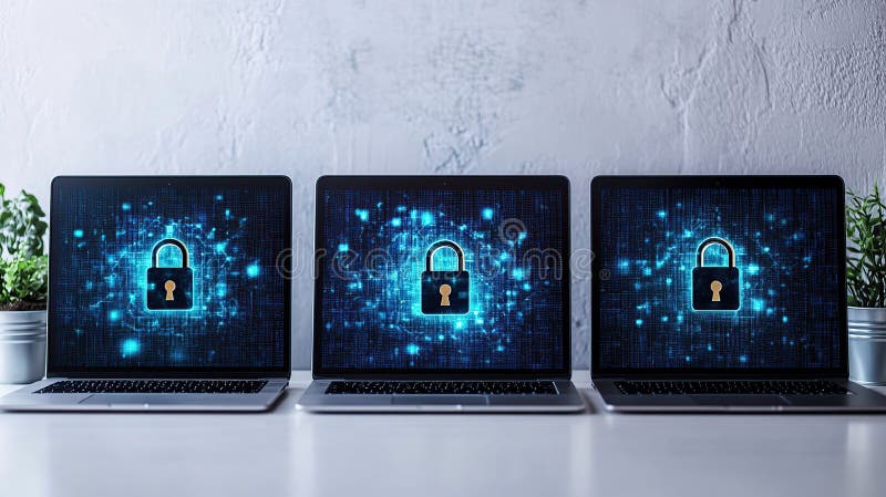 Securitate cu ecran triplu pentru notebook-uri : o mai bună protecție a datelor și a securității informatice stock illustration