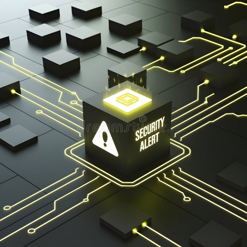 SECURITY ALERT cube glows amid digital high tech system under threat vector illustration