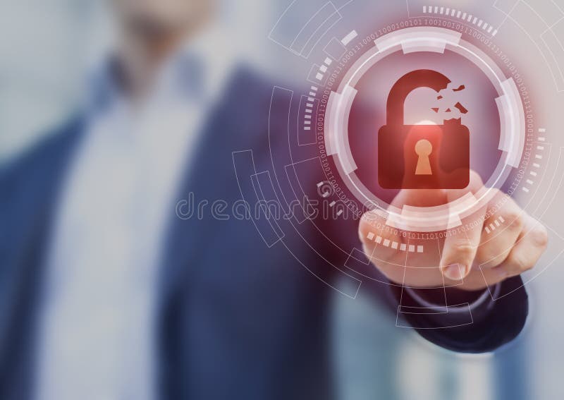 Security breach, system hacked, internet cyber attack alert with red broken padlock icon showing unsecured data, vulnerable access royalty free stock images