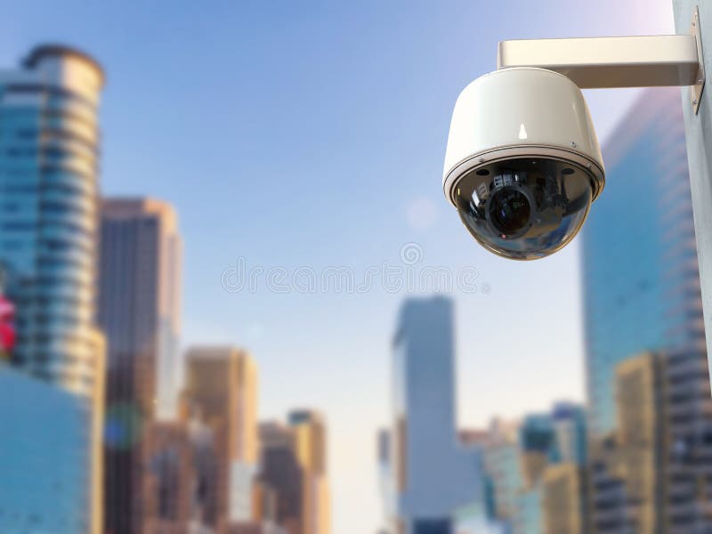 Security Camera Or Cctv Camera With Cityscape Background Stock Photo