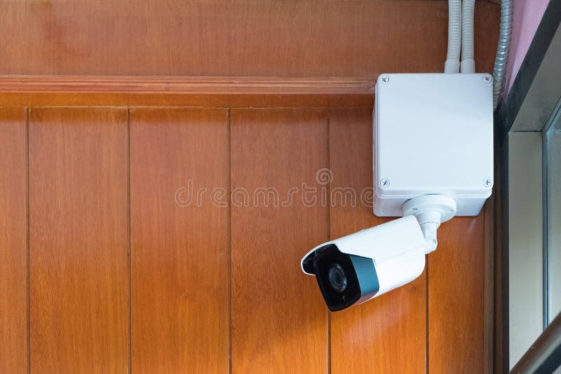 Security Camera or CCTV Camera on Wooden Wall in the Room. Stock Image Image of building