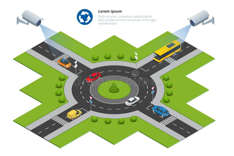 Security camera detects the movement of traffic. CCTV security camera on isometric of traffic jam with rush hour royalty free illustration