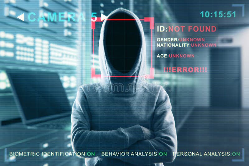 Security camera not recognizing hacker in hoodie standing in blurry server room interior. ID, scanning, data theft and cctv royalty free stock image
