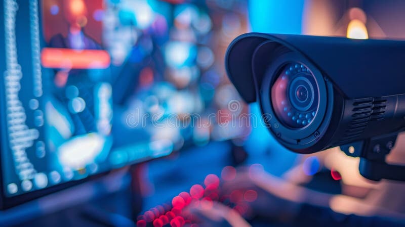 A security camera pointed towards a persons computer screen highlighting the issue of government surveillance and the stock photo