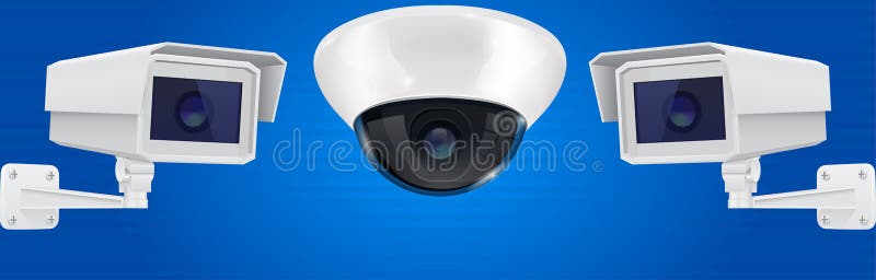 Security camera set. Wall and ceiling mount CCTV surveillance system on blue background stock illustration Security camera set. Wall and ceiling mount CCTV surveillance system on blue background stock illustration