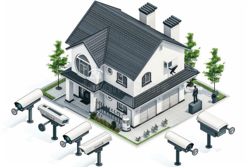 Security camera systems with light controls manage recording access, using alarm sensor alarms to broadcast external technology en stock illustration
