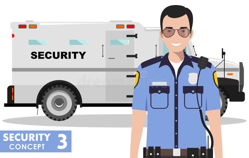 Security concept. Detailed illustration of armored car and security guard on white background in flat style. Vector vector illustration Security concept. Detailed illustration of armored car and security guard on white background in flat style. Vector vector illustration