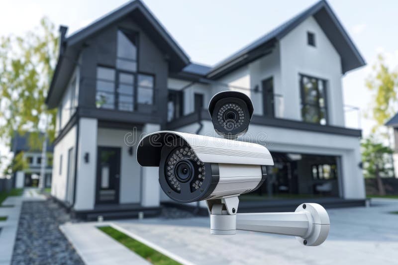 Security concepts employing sound detection in digital cameras manage window building security with wired access, providing watchf royalty free illustration