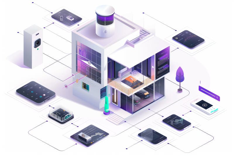 Security concepts in homes leverage advanced alarm communication systems, security dashboards, and voice-managed alarm implementat vector illustration