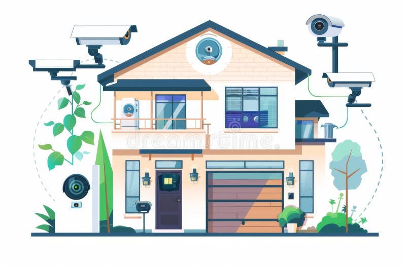 Security concepts integrate camera setups for internet security, employing cameras for home urban tech protection with sensor-enha royalty free illustration