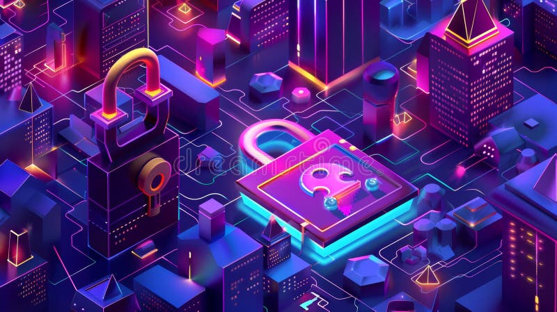 Security from cybercrime, modern web banners with isometric designs, large lock with combination locks and electronic royalty free stock image
