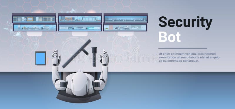 Security guard bot looking monitor screen robot monitoring cctv cameras artificial intelligence concept top angle royalty free illustration Security guard bot looking monitor screen robot monitoring cctv cameras artificial intelligence concept top angle royalty free illustration