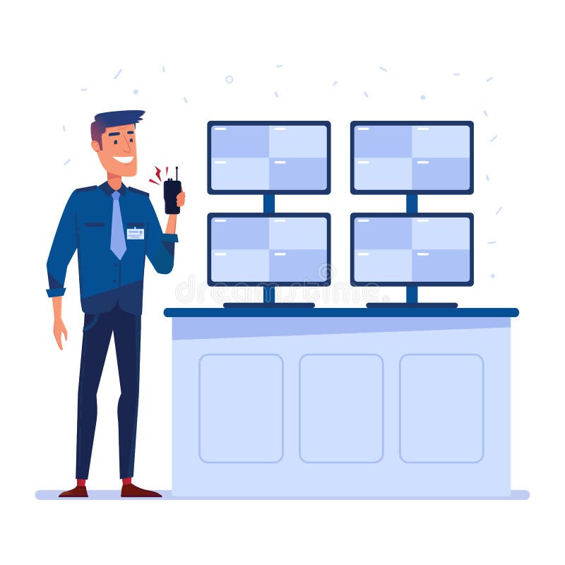 Security guard with portable radio in front of the screens. royalty free illustration Security guard with portable radio in front of the screens. royalty free illustration