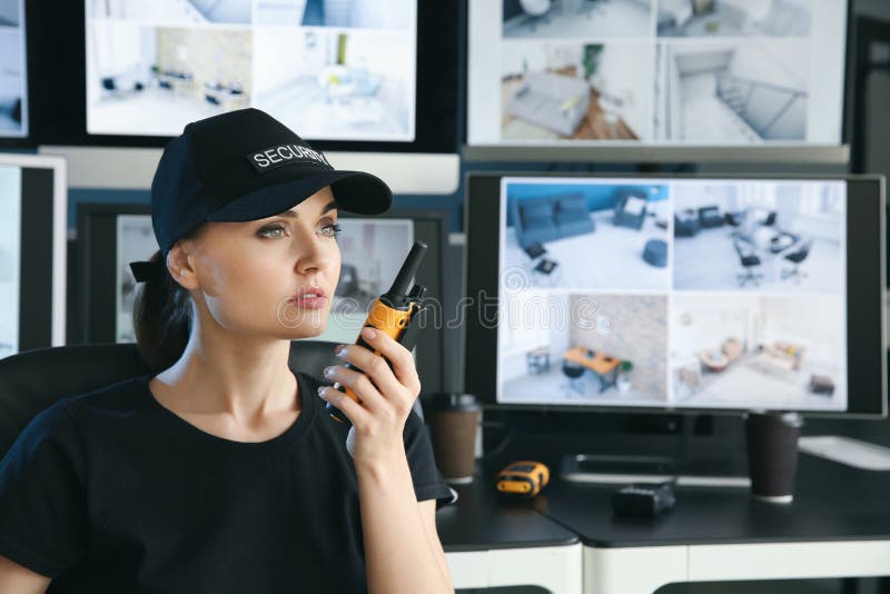 Security Guard with Portable Radio Transmitter in Surveillance Room Stock Photo Image of