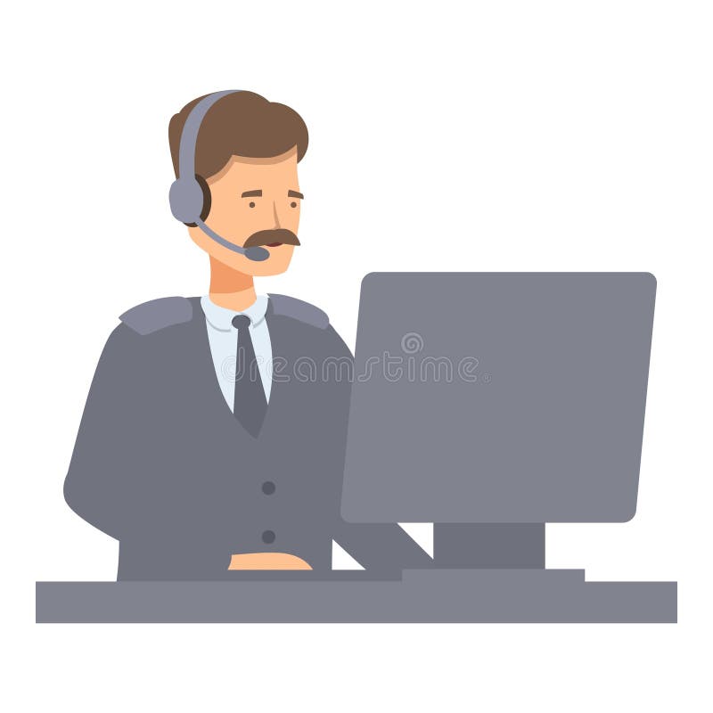 Security guard wearing headset working on computer. Security guard is using a computer and wearing a headset