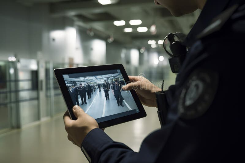 Security guard with video tracking camera safety tablet. Generate ai royalty free illustration