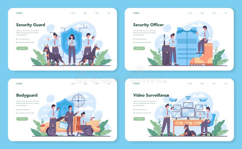 Security guard web banner or landing page set. Surveillance and ptrotection idea. Bodyguard in uniform guiding a client for a safety. Guard department monitoring a cctv. Vector flat illustration. Cartoon security camera vectors