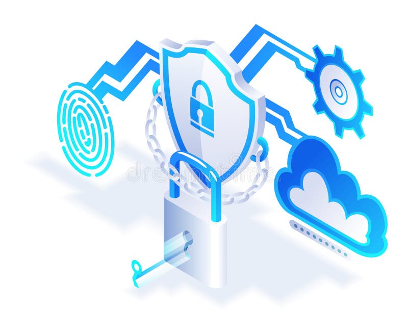 Security isometric. Shield icon, future technology for verification. Cyber security and data protection concept. High vector illustration