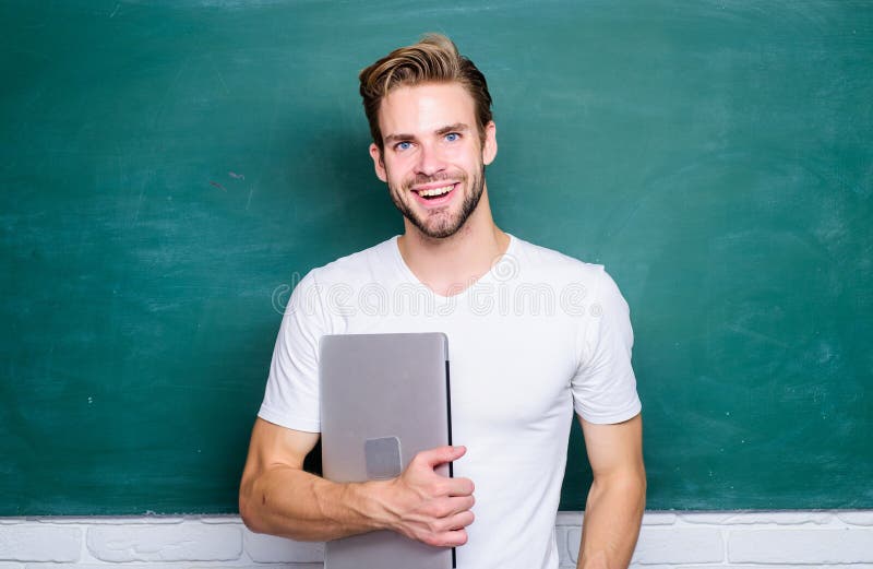 Security online life. School teacher with laptop. Handsome man use modern technologies. Digital technology. Learn royalty free stock photos Security online life. School teacher with laptop. Handsome man use modern technologies. Digital technology. Learn royalty free stock photos
