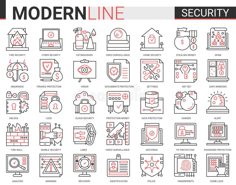 Security outline mini concept symbols. Data PC Protection technology. Smart home safety, secure database, data privacy vector illustration