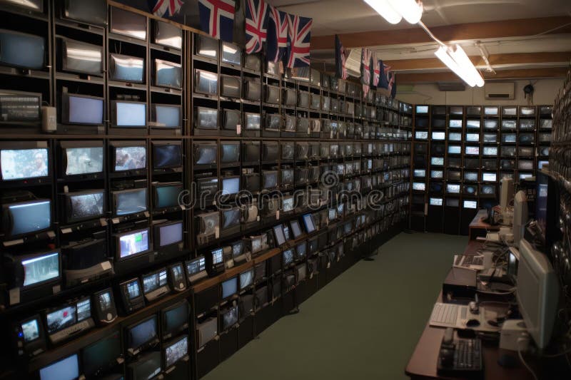 security room with many tvs and United Kingdom of Great Britain and Northern Ireland flags.Generative AI. security room with many tvs and United Kingdom of Great Britain and Northern Ireland flags.Generative AI