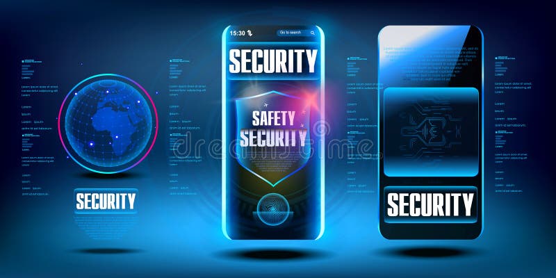 Security shield. The concept of protecting personal data from hacking on an electronic device. Reliable storage of information and royalty free illustration