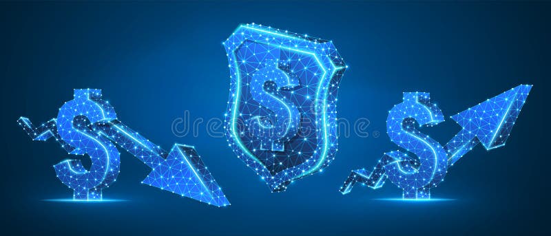 Security shield with USD, growth and downtrend arrow symbols set. Low poly, wireframe, digital 3d vector illustration. Abstract