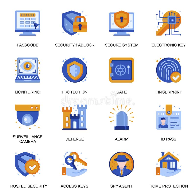 Security System Icons Set in Flat Style. Stock Vector Illustration of