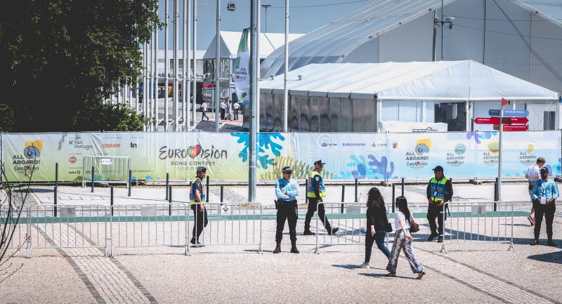 Security team monitoring the entrances to 2018 Eurovision in Lisbon, Portugal stock photos Security team monitoring the entrances to 2018 Eurovision in Lisbon, Portugal stock photos