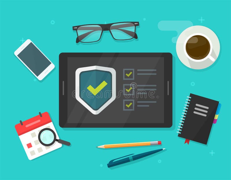 Security verification check list vector digital test, identity fraud spy checklist scan on tablet computer workdesk stock illustration