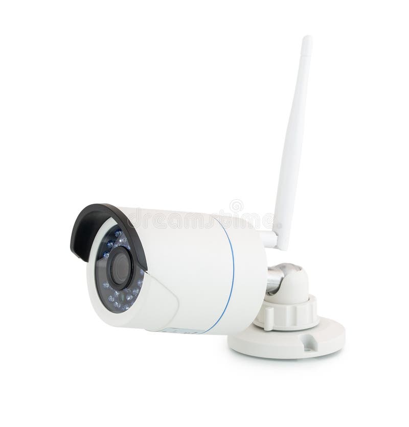 Security wireless bullet IP camera with IR led lights for night vision. White CCTV surveillance HD camera with clipping path royalty free stock images Security wireless bullet IP camera with IR led lights for night vision. White CCTV surveillance HD camera with clipping path royalty free stock images