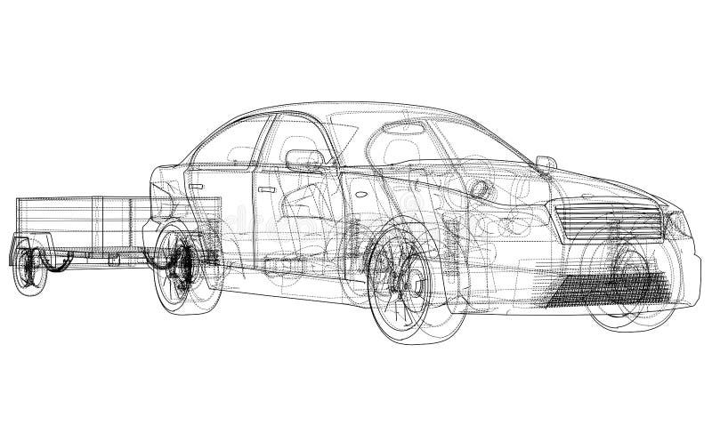 Sedan With Open Trailer Sketch Vector Stock Vector Illustration