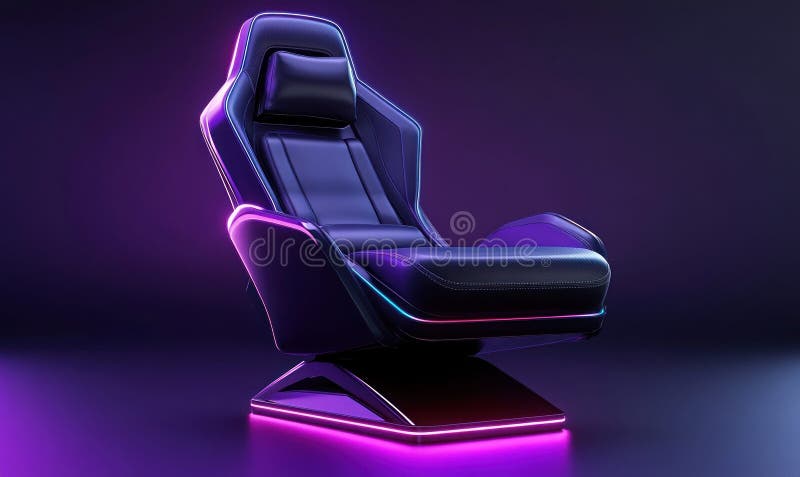 Sedia da gioco futuristica con neon Lights nella stanza buia illustrazione vettoriale